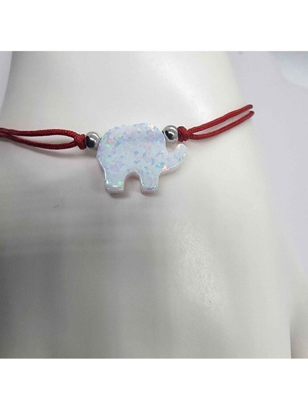 Lucky Glow – White Opal Elephant on Red String Bracelet